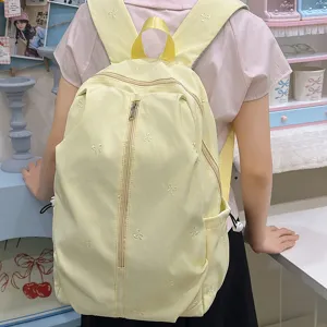 Cute minimalist bow embroidered backpack student casual daily school bag light yellow travel rucksack