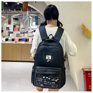Black casual backpack for students, simple design with cute print and multi pockets.