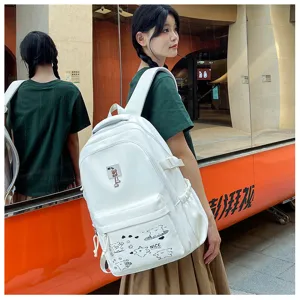 Stylish white canvas backpack for women and students with cute bear graphics and daily casual use.