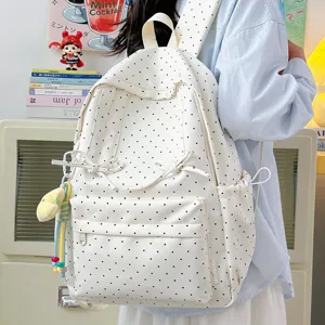 Japanese ins style polka dot backpack cute student schoolbag casual white daypack for girls