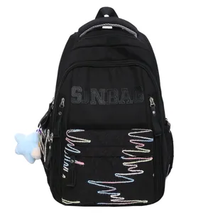 Black casual school backpack large capacity student bookbag with colorful embroidered lines