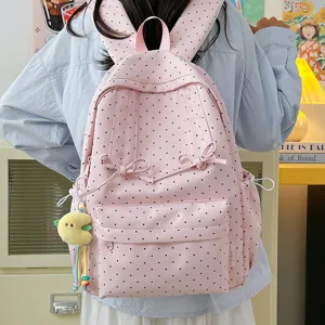 Cute pink polka dot backpack for women, Japanese style casual school bookbag for girls.