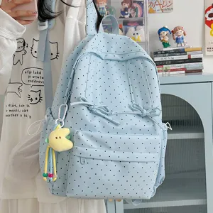 Cute polka dot canvas backpack casual school bag for women and girls in light blue