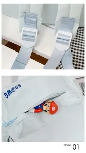 Backpack detail view showing adjustable shoulder straps and front zipper pocket with cute toy.