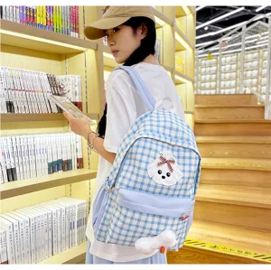 Cute blue plaid school backpack for teenage girls large capacity student book bag with cute puppy