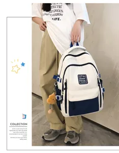 Stylish Japanese color-block student backpack casual travel large capacity school bag.