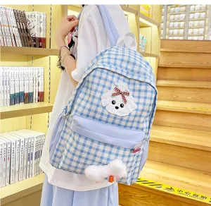 Japanese style blue plaid backpack with cute dog plush pendant, large capacity student schoolbag.