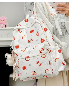 Cute white backpack with red apple print kawaii school bag for women daily casual use