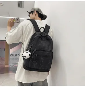 Chinese style bamboo print backpack detail, large capacity student school bag, casual fashion.