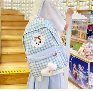 Cute blue and white plaid school backpack with puppy patch, large capacity student casual daypack.