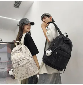 Lightweight Canvas School Backpack for Students Casual Travel Daypack with Panda Pendant