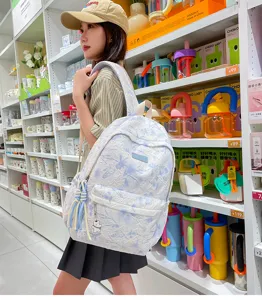 Stylish blue printed casual backpack for women, large capacity student school bag.