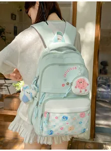 Cute Japanese style canvas backpack detail showing cute cookie print and fluffy bear pendant.