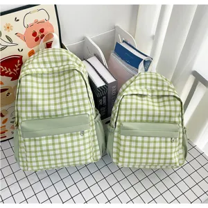 Green checkered school backpack casual student book bag set cute campus daypack