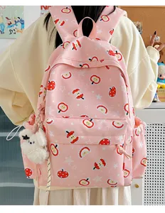 Cute pink apple print canvas backpack casual school bag for women and girls daily use