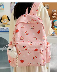 Pink cute apple print canvas backpack for women school college daily casual daypack