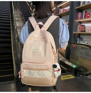 Pink canvas backpack for women girls cute floral splicing school bag commuter daypack