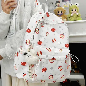 Cute cartoon apple print canvas backpack for women, stylish Korean fashion school bookbag new.