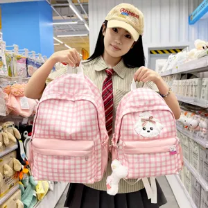 Pink plaid school backpack cute Japanese style student rucksack with puppy pendant.