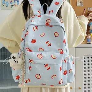 Cute apple printed canvas backpack for women, Japanese Harajuku style school bag.