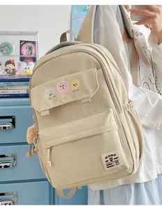 Casual large capacity beige school backpack for girls and students, minimalist stylish daily bag