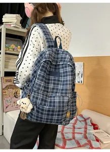 Retro plaid canvas backpack for women school bookbag casual daily travel daypack.