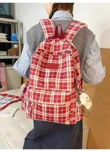 Retro red white plaid school backpack Korean style casual multi-compartment book bag for students