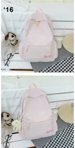 Pink canvas backpack detail showing multi-pocket design, cute school bag for daily use.
