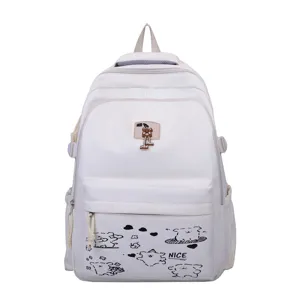 Casual white backpack for girls, stylish school bookbag with cute cartoon prints.