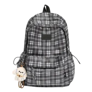 Vintage Plaid School Backpack For Teen Girls Boys Casual Multi-Compartment Nylon Bookbag With Cute Dog Pendant