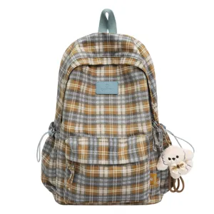Retro plaid backpack with cute puppy pendant, stylish multi-compartment school book bag.