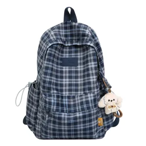 Vintage blue plaid school backpack with multi compartments and cute dog pendant for daily use.
