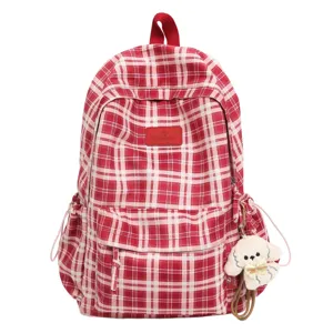 Red white plaid backpack casual school bag cute dog charm retro aesthetic bookbag school