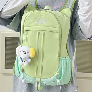 Light green school backpack cute college style bookbag with plush puppy pendant for daily