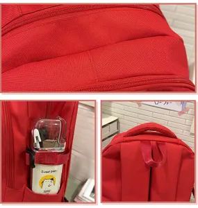 Vue détaillée d'un sac à dos scolaire rouge en toile avec fermetures éclairs et poche.