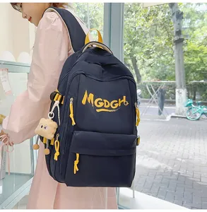 Korean style minimalist dark blue backpack with yellow details for casual daily use detail view.