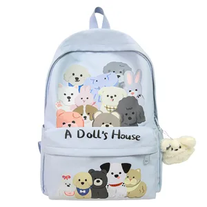 Cute cartoon canvas backpack for students, large capacity casual daypack with pendant.