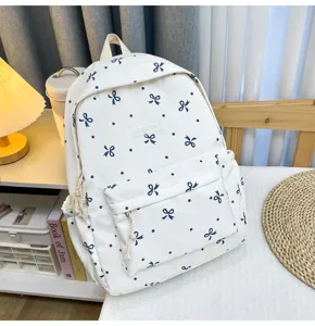 Cute bow print canvas backpack ins style casual school bag large capacity daily daypack