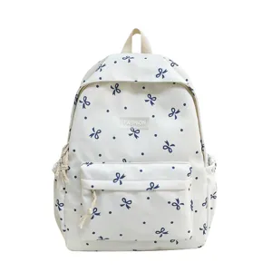 Cute bow polka dot canvas backpack for students casual lightweight school daypack bags