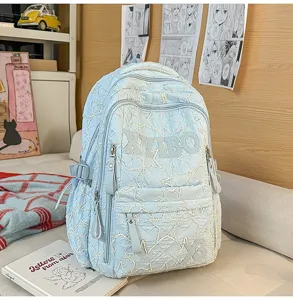 Light blue canvas backpack with star pattern large capacity school bag for daily commute student