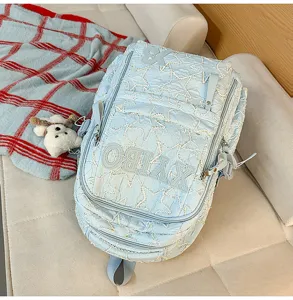 Light blue pleated star pattern backpack with large capacity and multi-pocket daily commute bag