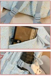 Detail view of light blue school backpack showing adjustable straps and multi pockets.