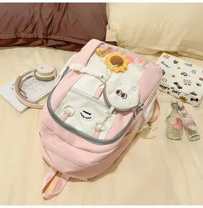 Japanese style pink white ita backpack with clear window, cute student bookbag for daily use.