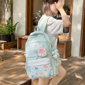 Japanese casual style large capacity backpack light blue school bag with cute bear pendant