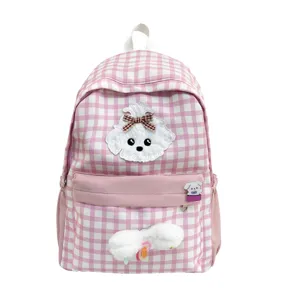 Pink plaid school backpack for student girls, cute puppy embroidery and casual daypack design.