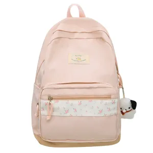 Women's Casual Nylon Backpack Floral Patchwork School Bookbag Cute Dog Pendant Commuter Daypack For Student Teen Girls