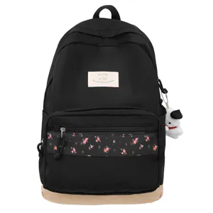 Korean style floral patchwork school backpack for high school students, black daily casual bag.