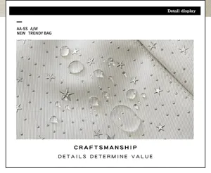 Detailed view of waterproof backpack fabric featuring cute star patterns and water droplets.