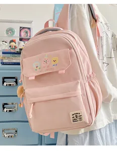 Cute pink student backpack, large capacity casual daypack with front pocket for daily use.