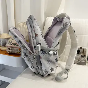 Grey star pattern casual school backpack for students, lightweight daily travel daypack.